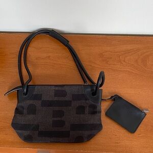 Bally Black Brown Fabric Shoulder Bag with Leather Trim and Coin Pouch